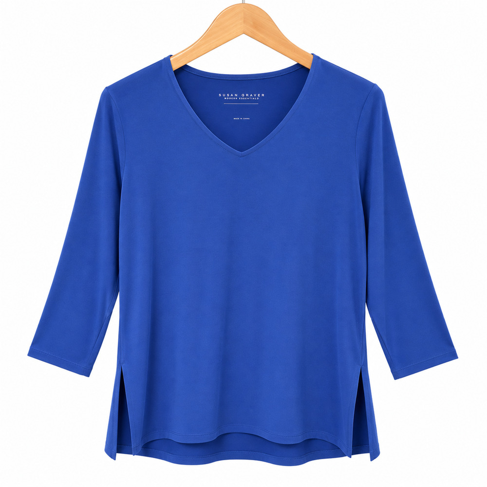 Susan Graver Top Womens M Blue V-Neck 3/4 Sleeve Tunic Stretch Jersey Casual